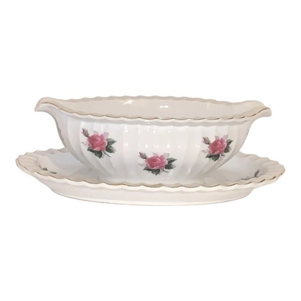 Bond Ware Hand Painted Gravy Boat W/Attached Underplate-Roses W/Gold Trim -Japan